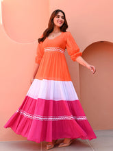 Sunset Coral Tiered Anarkali Dress with Pink & Ivory Panels