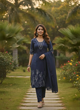 Navy Blue Embroidered Kurta Pant Set with Dupatta