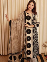 Beige & Black Geometric Print Kurta Set with Coordinated Dupatta