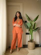 Sunset Orange Embroidered Kurta Co-Ord Set with Tassel Detailing