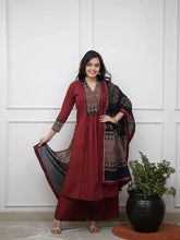 Maroon Printed Kurta Set with Contrast Dupatta