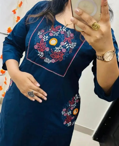 Classic Navy Blue Floral Embroidered Straight Kurta Set with Pants