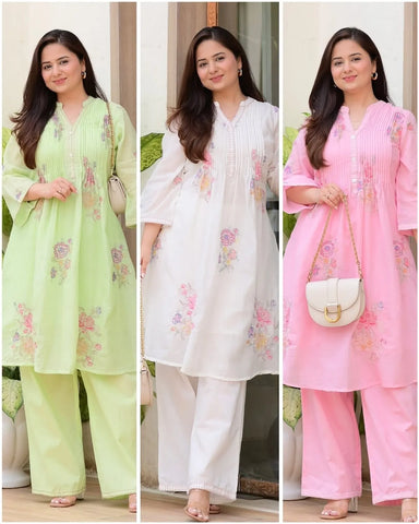 Elegant White Mulmul Cotton A-Line Kurta with Pastel Floral Embroidery