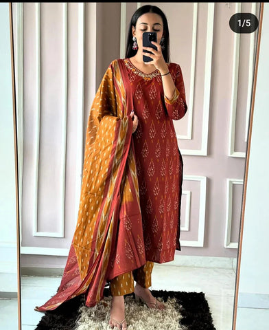 Premium Ajrak Cotton Suit Set – Maroon & Mustard Ikat Print | Kurti, Pant & Dupatta