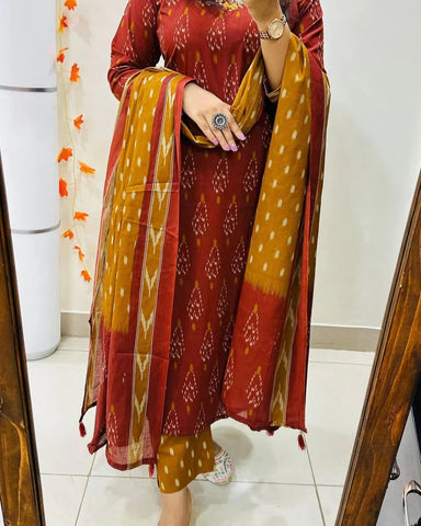Premium Ajrak Cotton Suit Set – Maroon & Mustard Ikat Print | Kurti, Pant & Dupatta