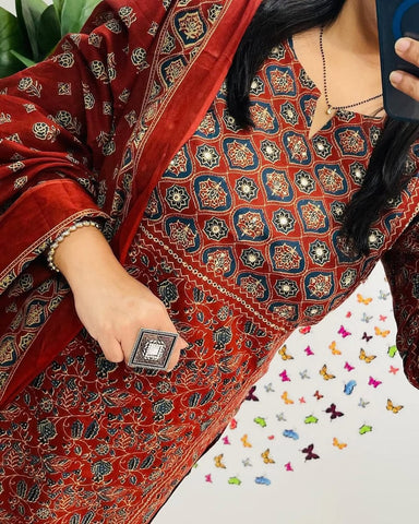 Crimson Red Ajrakh Inspired Printed Cotton Kurta Set with Dupatta