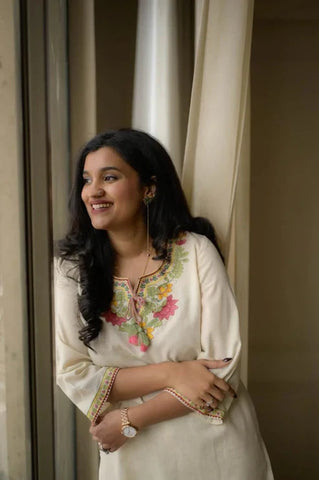 Ivory Floral Embroidered Kurta Co-Ord Set with Subtle Lace Detailing