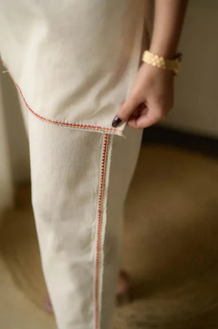 Ivory Floral Embroidered Kurta Co-Ord Set with Subtle Lace Detailing